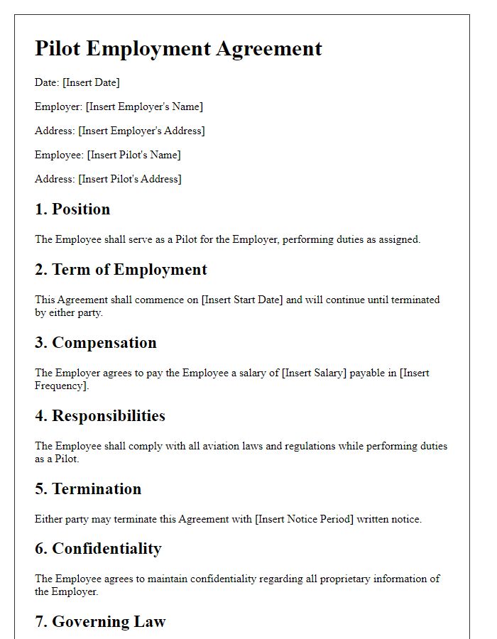 Letter template of aviation law contract for pilot employment agreements.