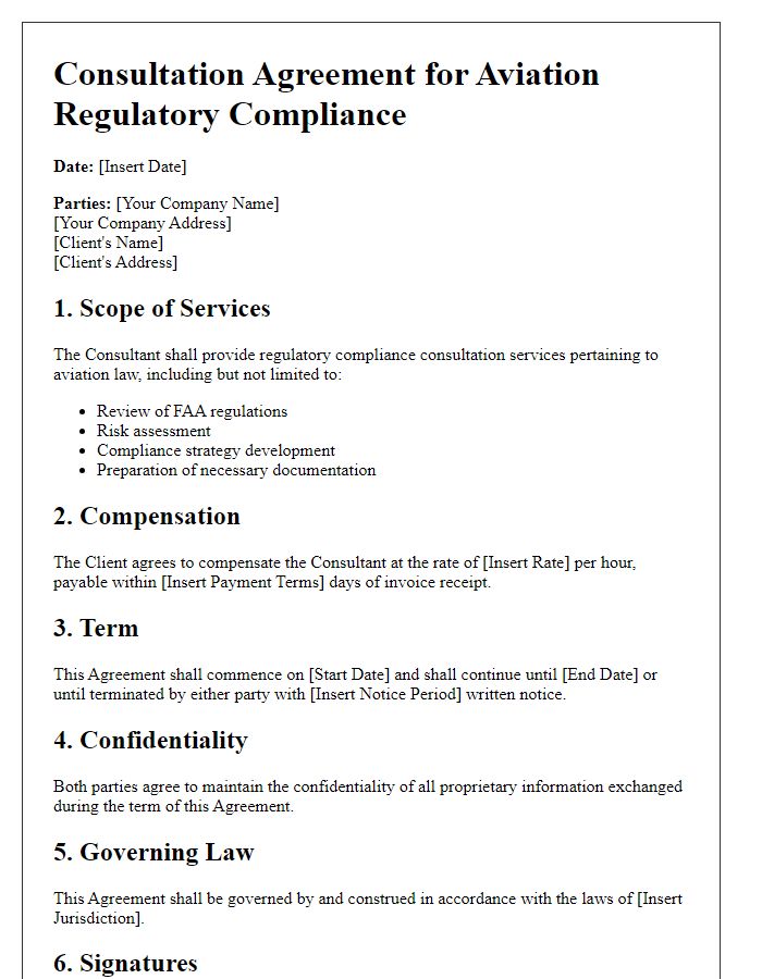 Letter template of aviation law contract for regulatory compliance consultations.