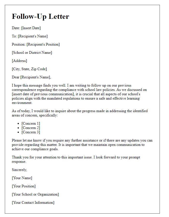 Letter template of follow-up on school law policy compliance