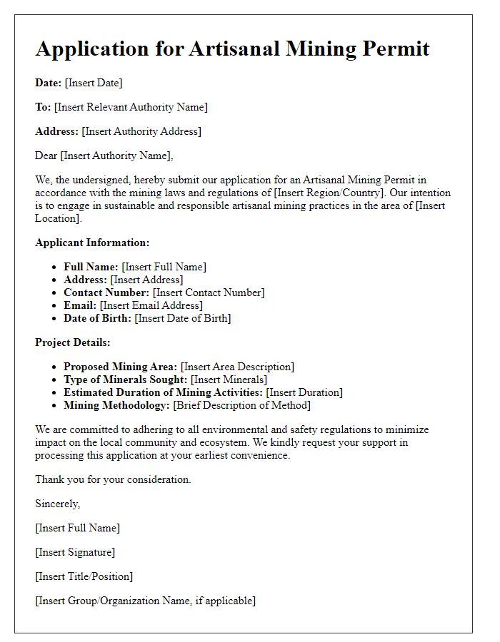 Letter template of mining law permit application for artisanal mining ventures.