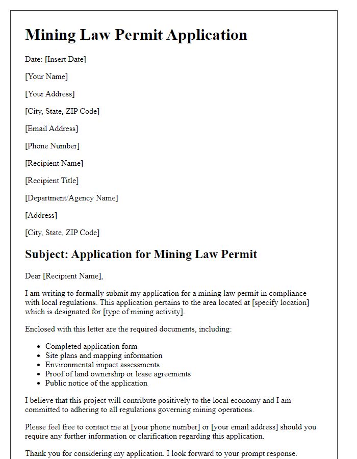 Letter template of mining law permit application for compliance with local regulations.