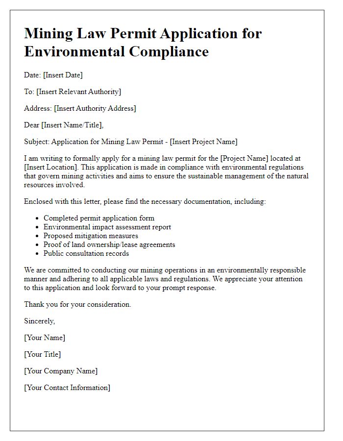 Letter template of mining law permit application for environmental compliance.