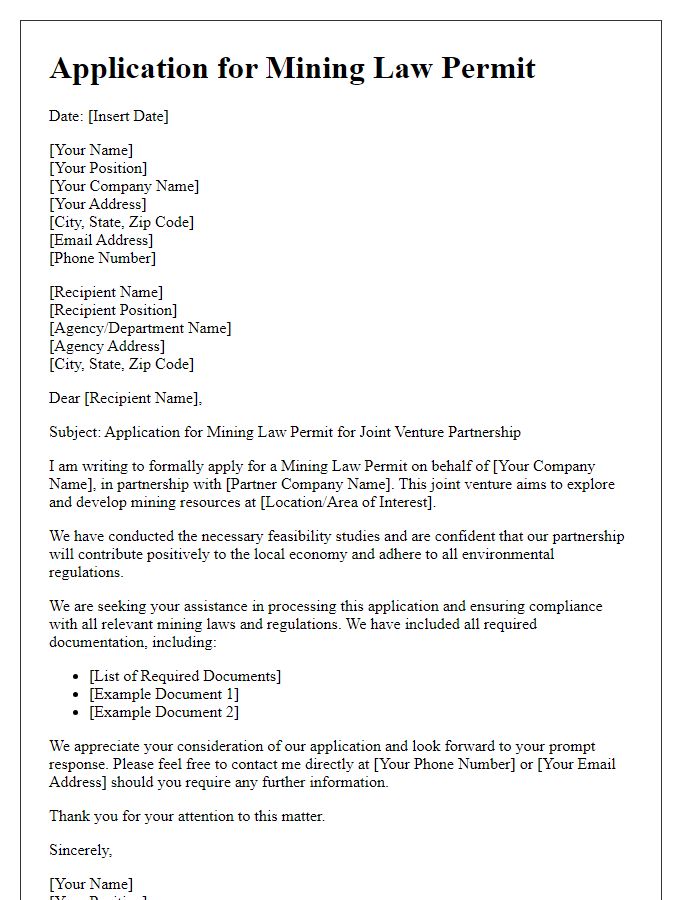 Letter template of mining law permit application for joint venture partnerships.