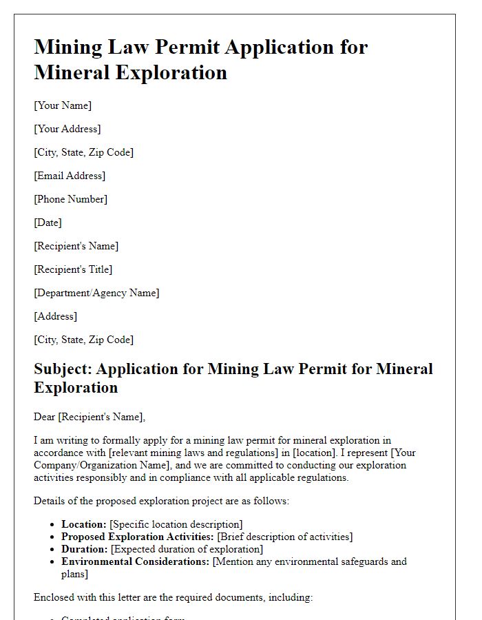 Letter template of mining law permit application for mineral exploration.