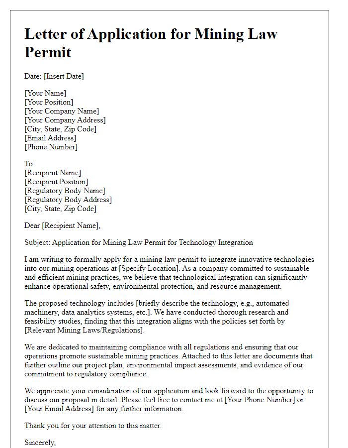 Letter template of mining law permit application for technology integration in mining.