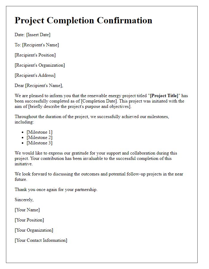 Letter template of renewable energy project completion confirmation