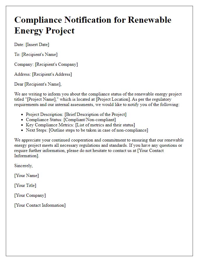 Letter template of renewable energy project compliance notification