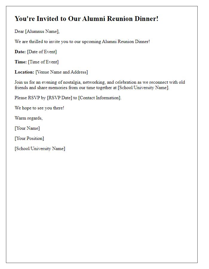 Letter template of formal dinner invitation for alumni reunion