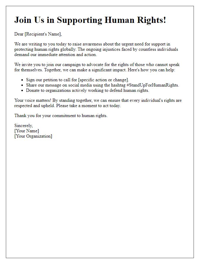 Letter template of a call to action for human rights support.