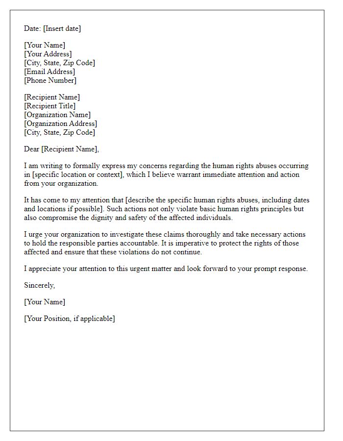 Letter template of a formal complaint regarding human rights abuses.