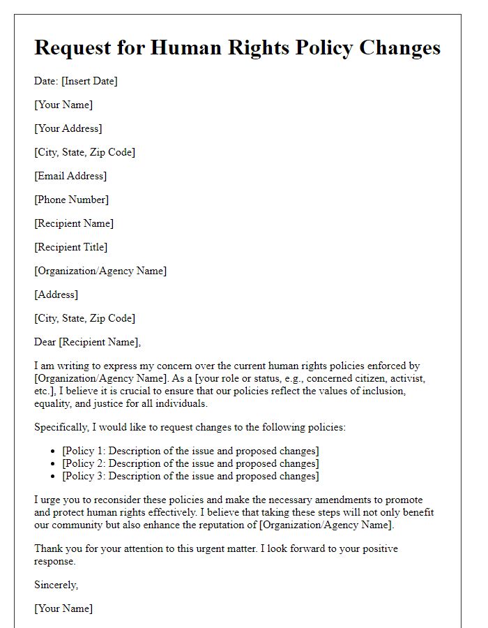 Letter template of a request for human rights policy changes.