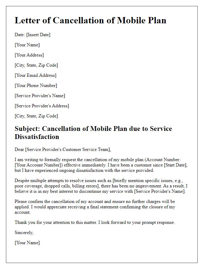 Letter template of mobile plan cancellation after service dissatisfaction