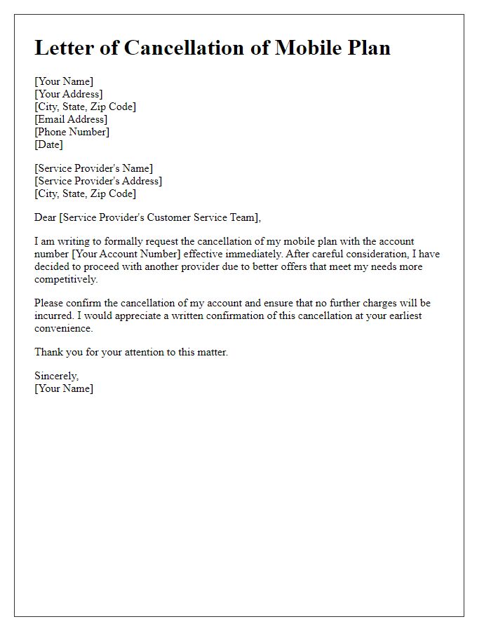 Letter template of mobile plan cancellation because of better offers