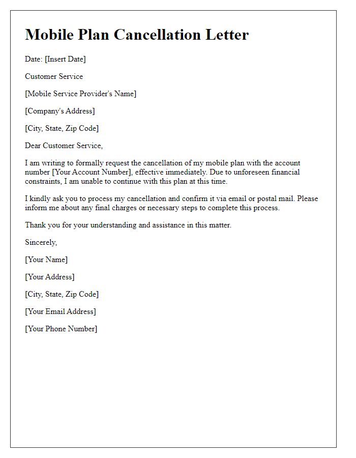 Letter template of mobile plan cancellation due to financial constraints
