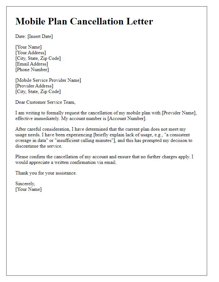 Letter template of mobile plan cancellation for not meeting usage needs
