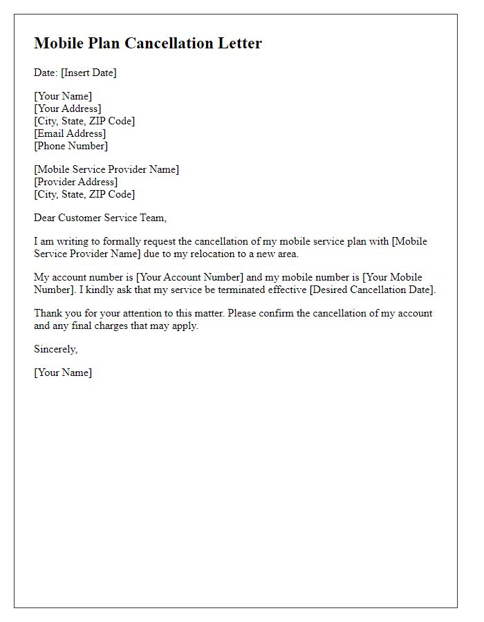 Letter template of mobile plan cancellation for relocating to a new area