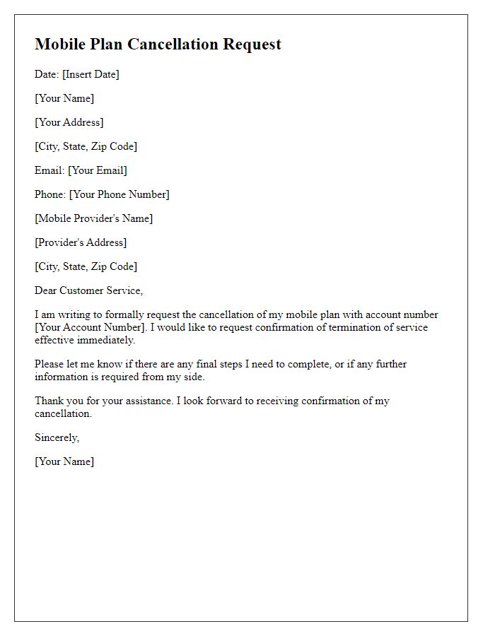 Letter template of mobile plan cancellation requesting confirmation of termination