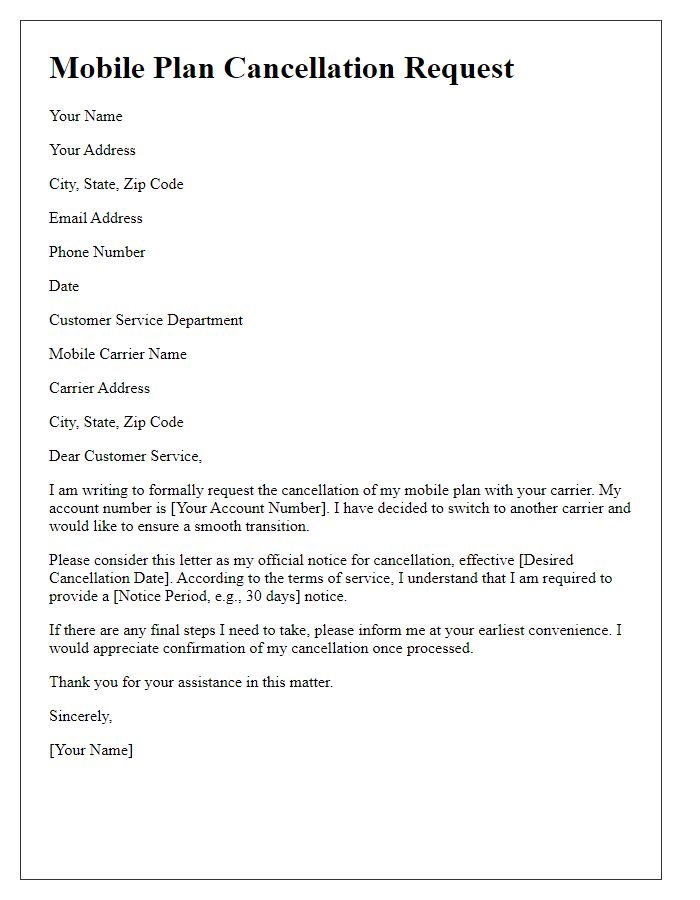 Letter template of mobile plan cancellation for switching to another carrier