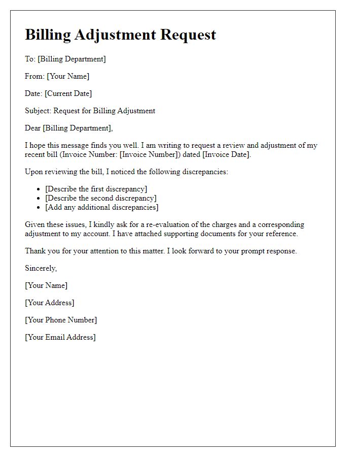 Letter template of billing adjustment request