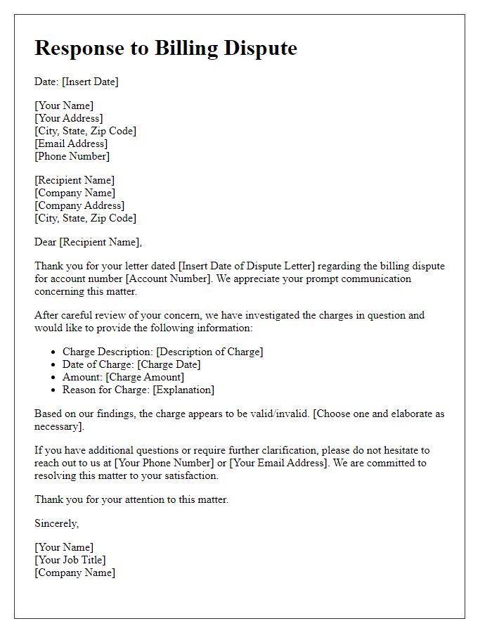 Letter template of billing dispute response