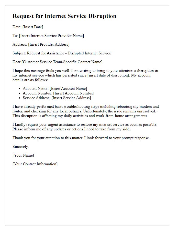 Letter template of disrupted internet service request.