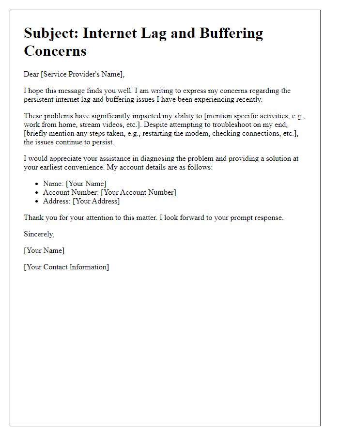 Letter template of internet lag and buffering concerns.