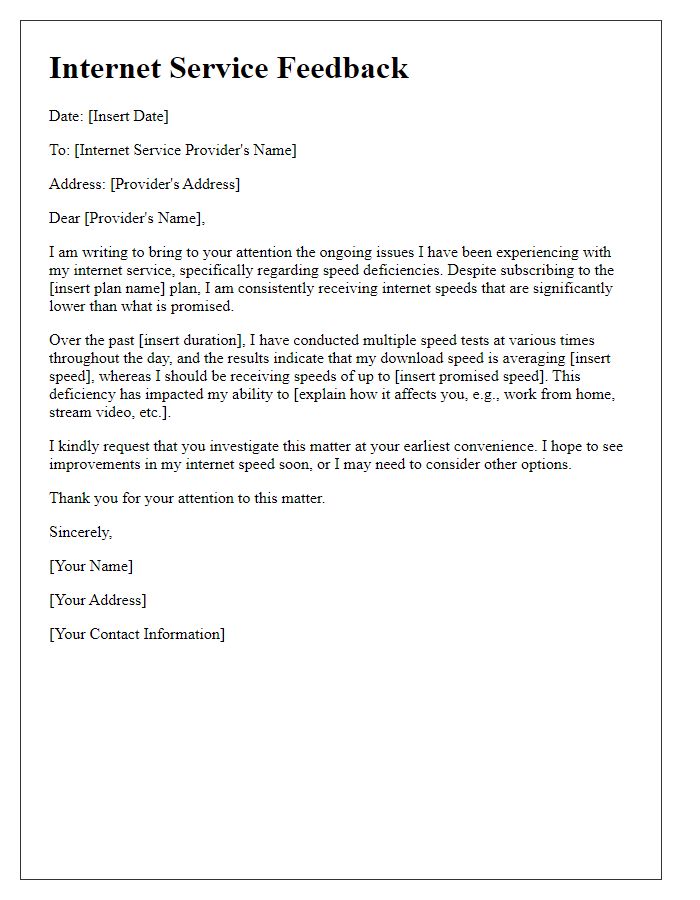 Letter template of internet speed deficiency feedback.