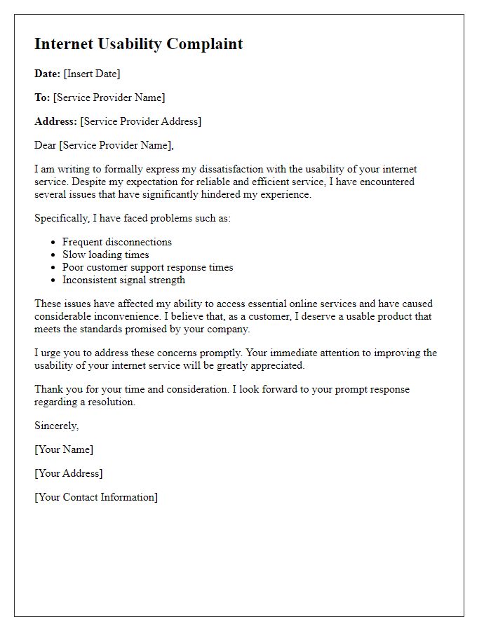 Letter template of internet usability complaint.