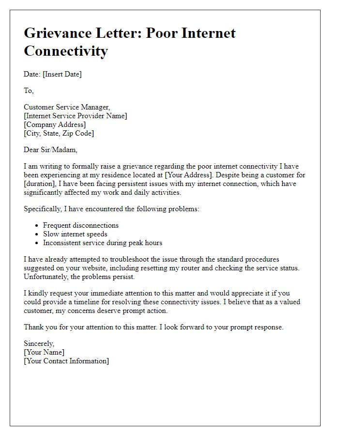 Letter template of poor internet connectivity grievance.