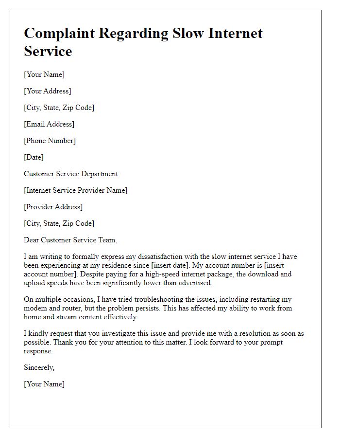 Letter template of slow internet service complaint.