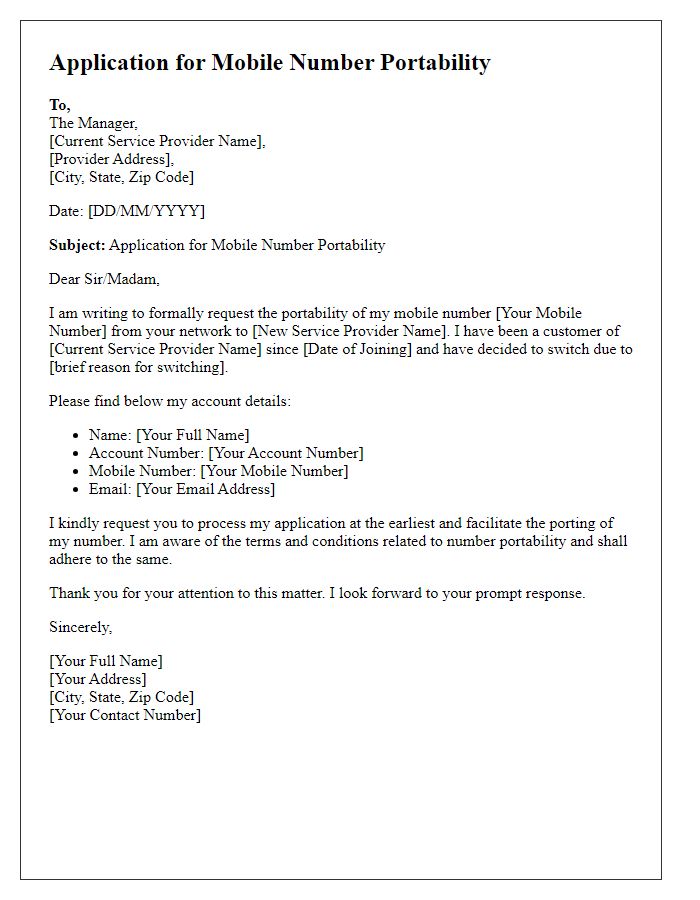 Letter template of application for mobile number portability.