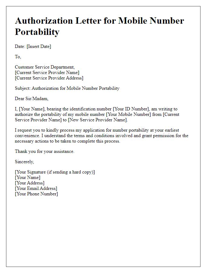 Letter template of authorization for mobile number portability.