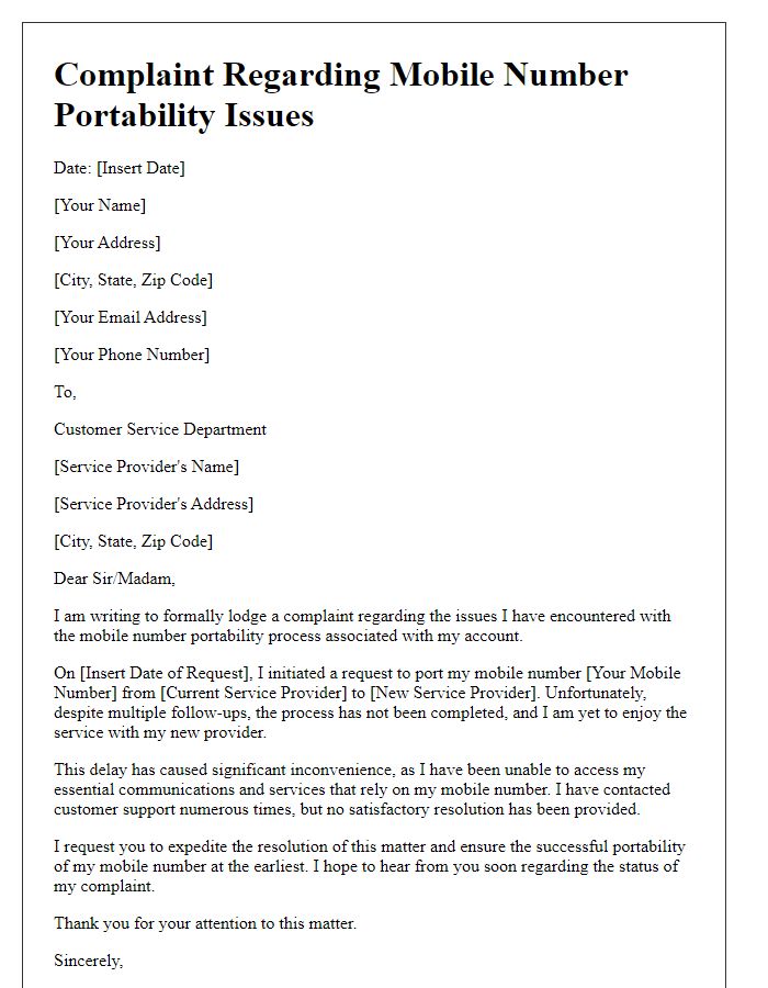 Letter template of complaint about mobile number portability issues.