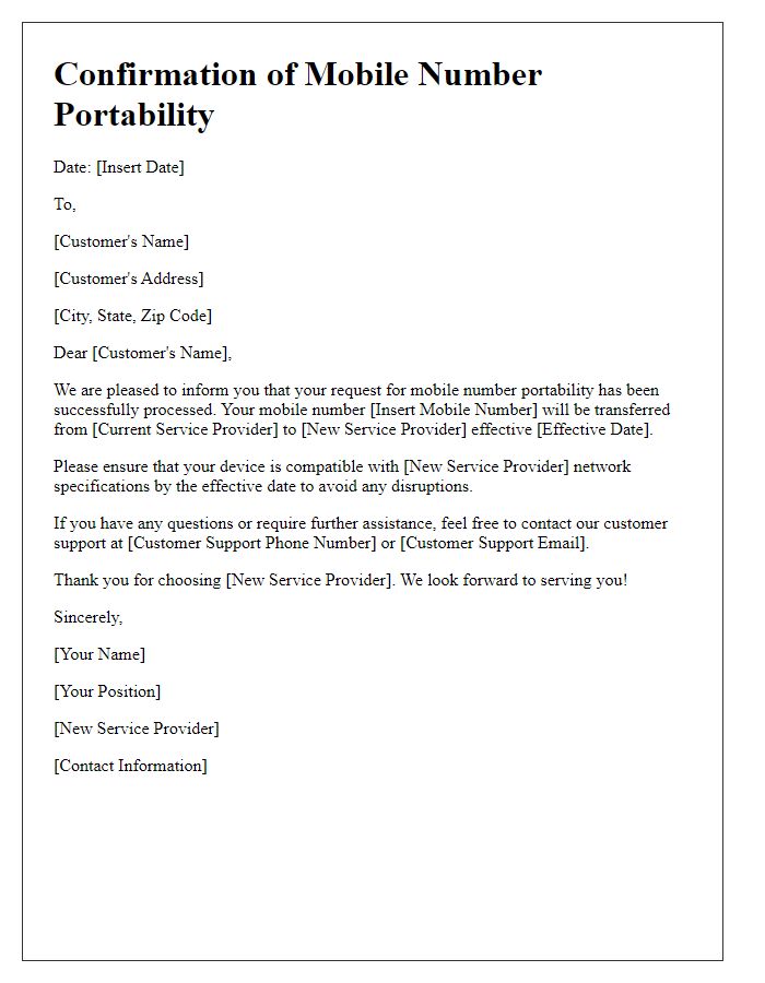 Letter template of confirmation for mobile number portability.