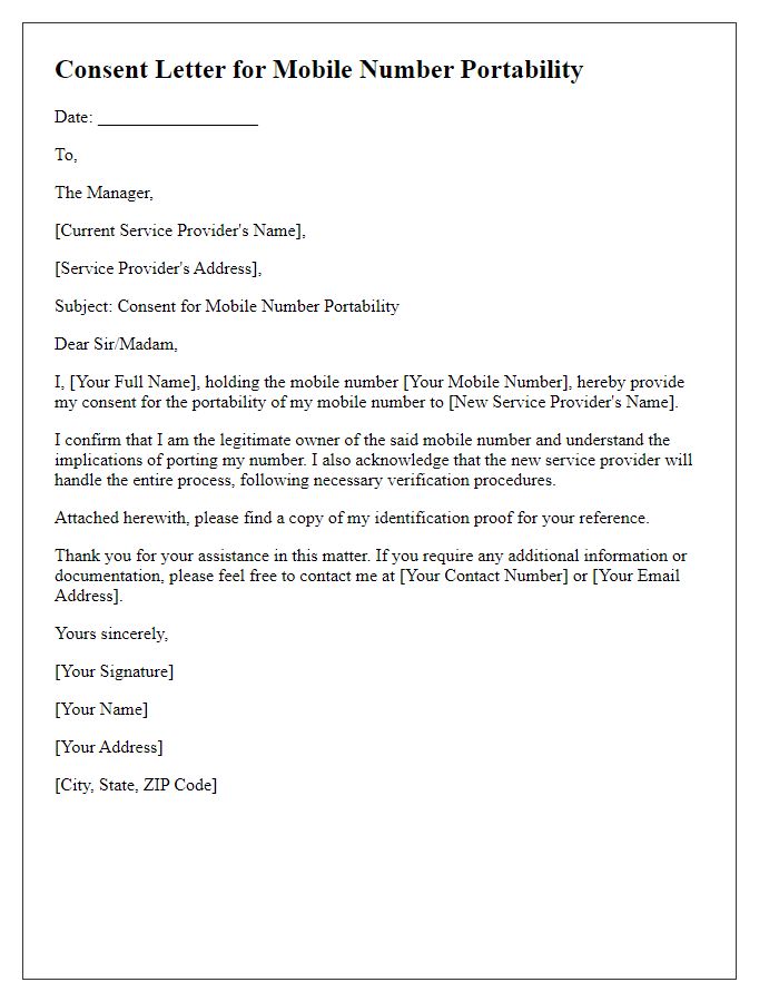 Letter template of consent for mobile number portability.