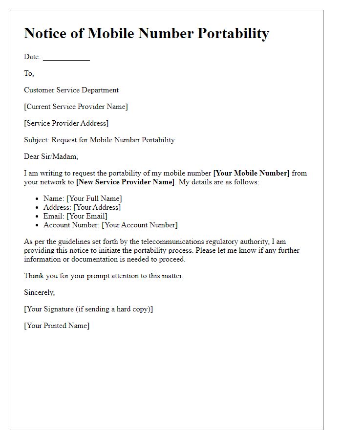 Letter template of notice for mobile number portability.