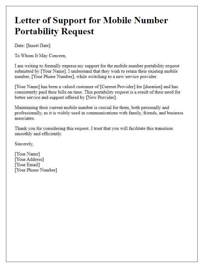 Letter template of support for mobile number portability request.