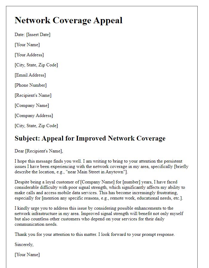 Letter template of network coverage appeal for better signal strength.