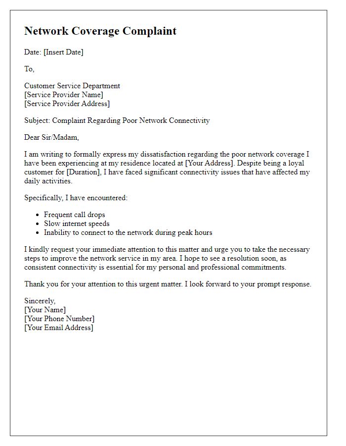 Letter template of network coverage complaint for poor connectivity.