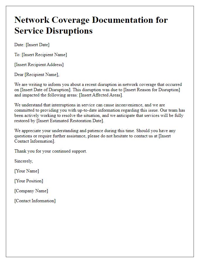 Letter template of network coverage documentation for service disruptions.