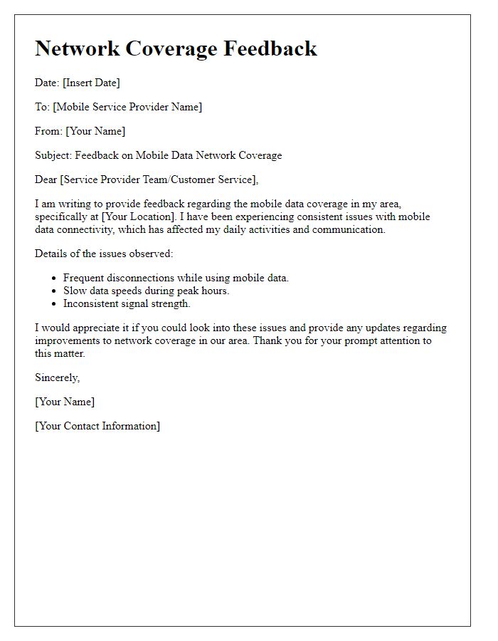 Letter template of network coverage feedback for mobile data issues.