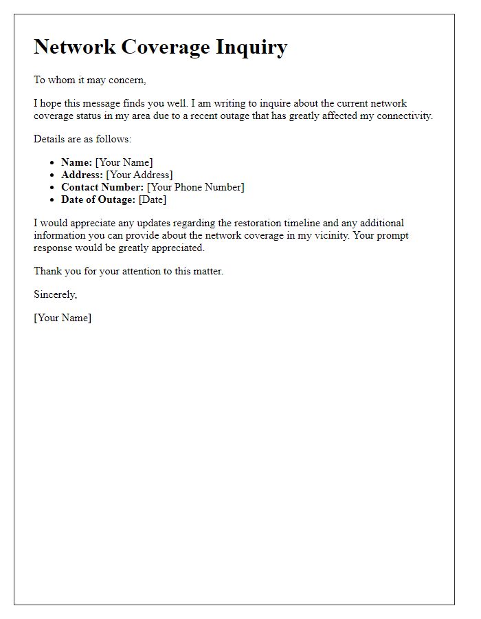 Letter template of network coverage inquiry for outage status.