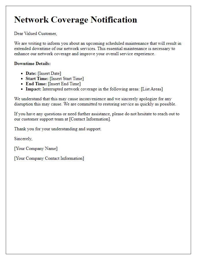 Letter template of network coverage notification for extended downtime.