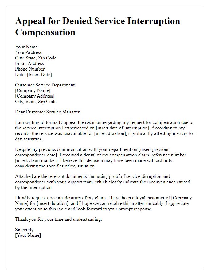 Letter template of appeal for denied service interruption compensation.