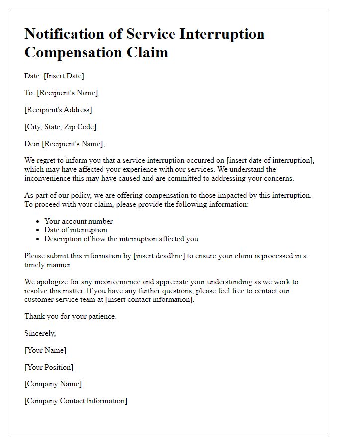 Letter template of notification regarding service interruption compensation claim.