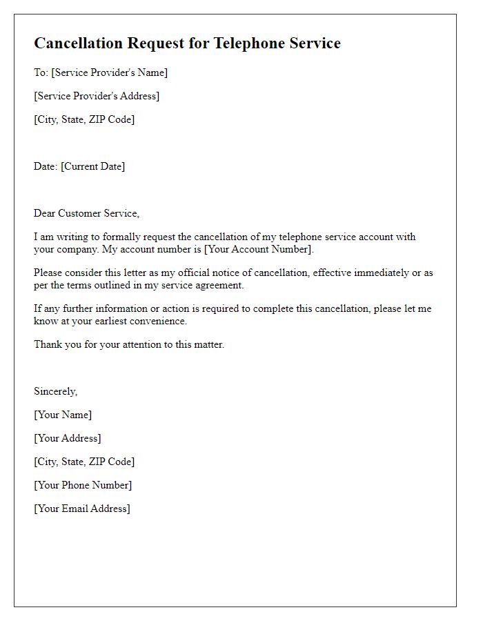 Letter template of cancellation request for telephone service