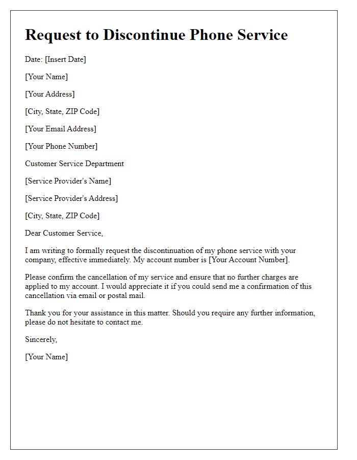 Letter template of customer request to discontinue phone service