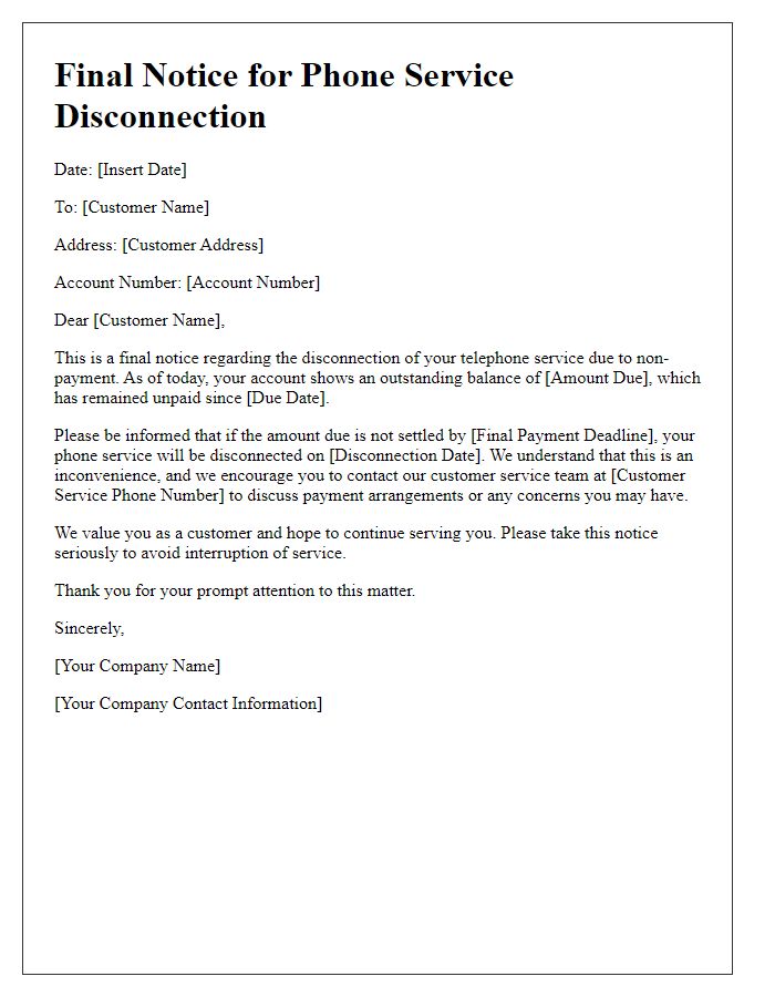 Letter template of final notice for phone service disconnection