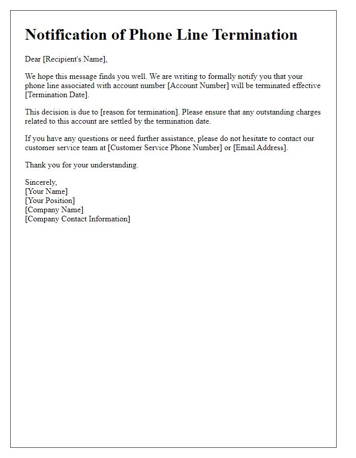Letter template of notification for phone line termination