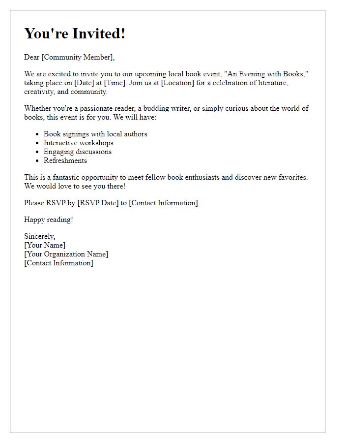 Letter template of community invite for a local book event